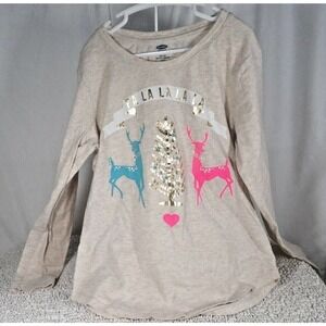 Old Navy Girls Cream Long Sleeve FaLaLaLa Reindeer Holiday T-Shirt Size Large